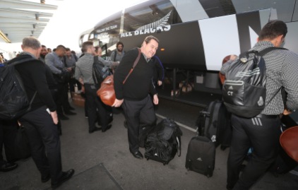 LONDON, ENGLAND - NOVEMBER 02: Steve Hansen, the head coach of Rugby World Cup winners, the New Zealand All Blacks, arrives with team mates at Heathrow Airport at the start of their journey back to New Zealand on November 2, 2015 in London, United Kingdom. (Photo by David Rogers/Getty Images for England 2015)